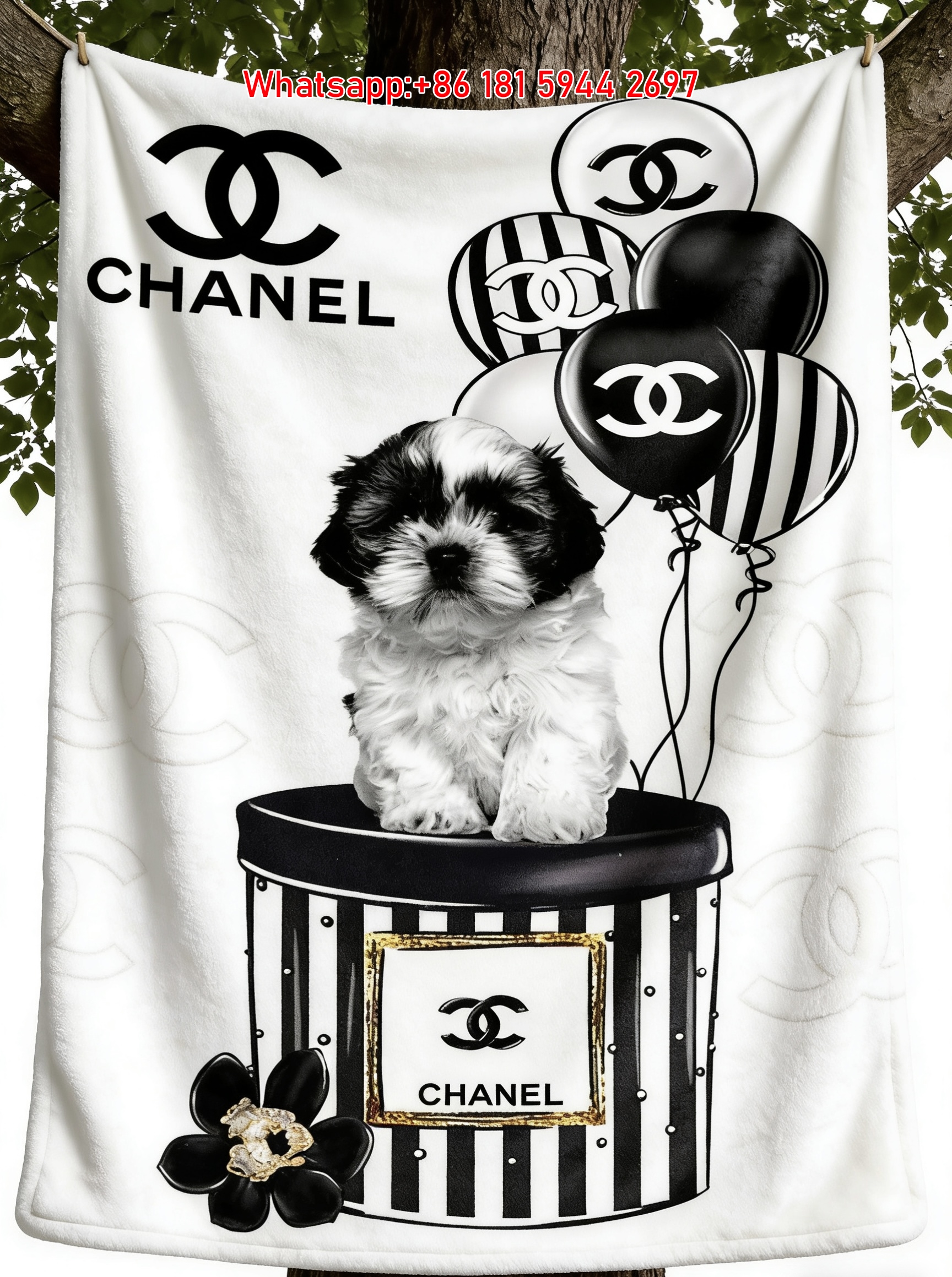 Chanel Cute Puppy Flannel Sofa Throw Blanket IMG_6691
